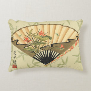 Geisha Fan with Leaves and Floral Print Decorative Cushion