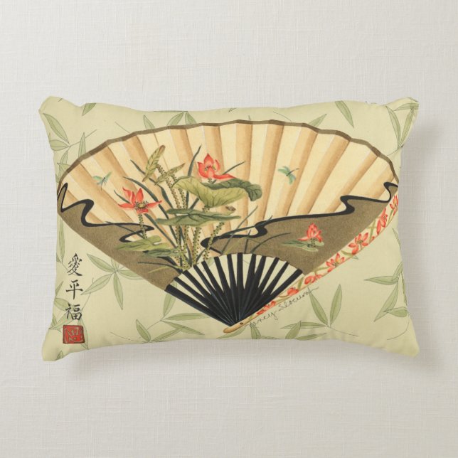 Geisha Fan with Leaves and Floral Print Decorative Cushion (Front)