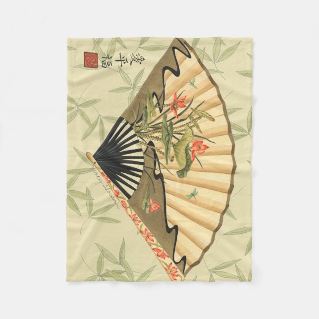 Geisha Fan with Leaves and Floral Print Fleece Blanket (Front)