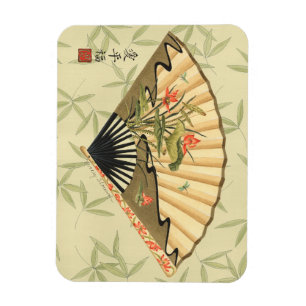 Geisha Fan with Leaves and Floral Print Magnet