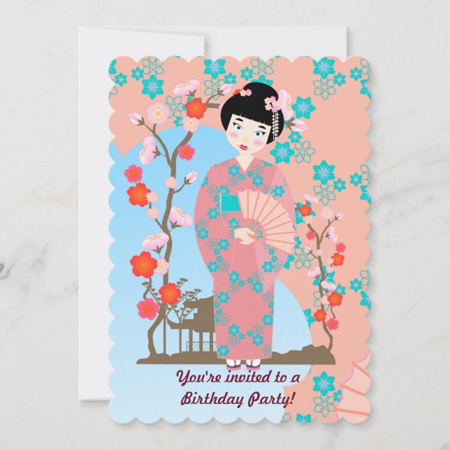 Geisha girl and flowers  birthday party invitation (Front)
