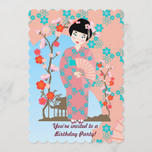 Geisha girl and flowers birthday party invitation