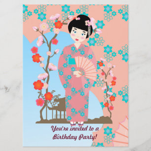 Geisha girl and flowers  birthday party invitation