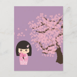 Geisha Girl Cherry Blossom cartoon customisable Postcard