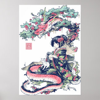 Geisha Girl With Dragon and Cats 37006 Poster