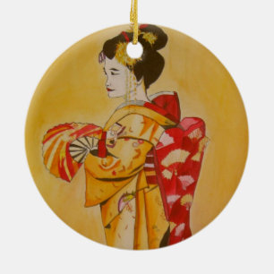 Geisha gold kimono original watercolor art ceramic tree decoration