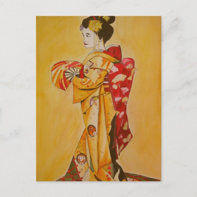 Geisha gold kimono original watercolor art postcard (Front)