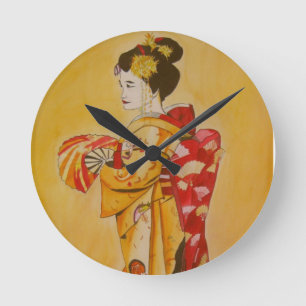 Geisha gold kimono original watercolor art round clock