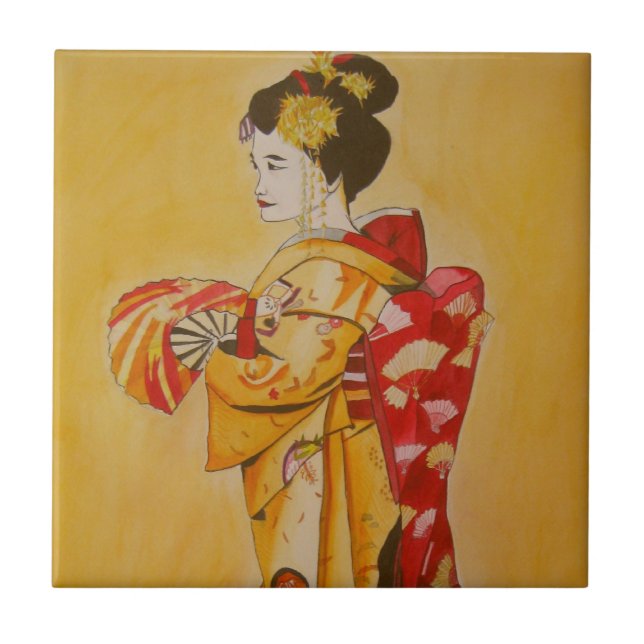 Geisha gold kimono original watercolor art tile (Front)