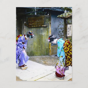 Geisha Greetings at the Gate Vintage Old Japan Postcard