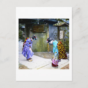 Geisha Greetings at the Gate Vintage Old Japan Postcard