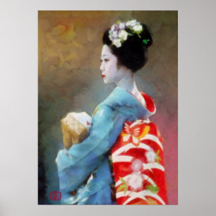 Geisha in blue kimono art poster