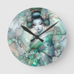 Geisha in Green Design Series #1 Round Clock
