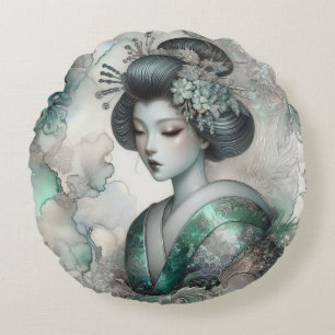 Geisha in Green Design Series #2 Round Cushion