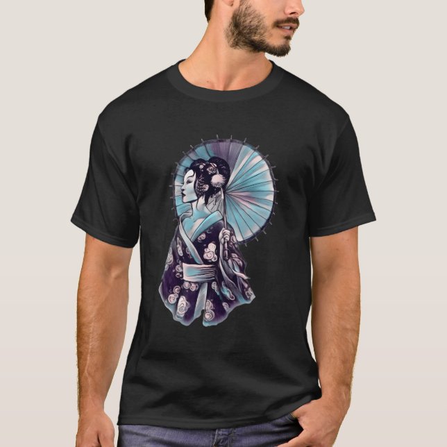 Geisha Parasol Pretty Tattoo Samurai Hand-Drawn T-Shirt (Front)
