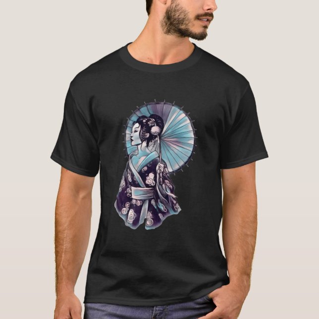 Geisha Parasol Pretty Tattoo Samurai Hand-Drawn T-Shirt (Front)