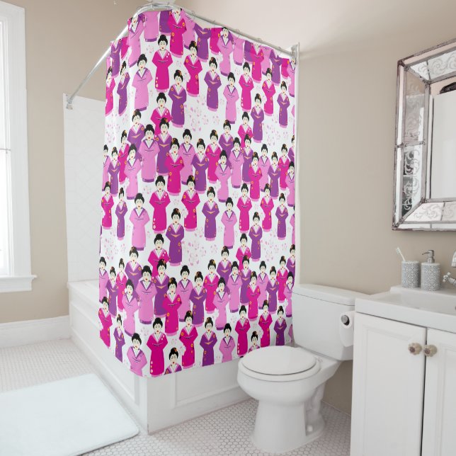 Geisha Pink Purple Patterned Shower Curtain (In Situ)