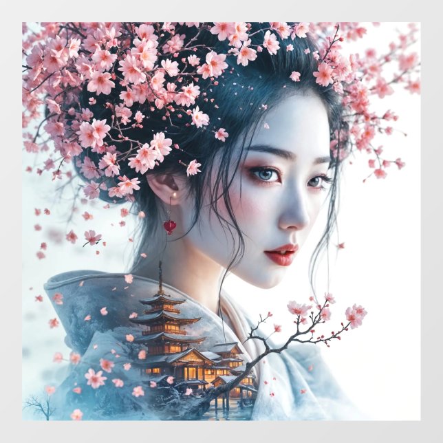 Geisha portrait, cherry blossoms, Japanese art, Window Cling (Sheet)