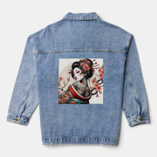 Geisha Portrait Denim Jacket   Floral Back Art