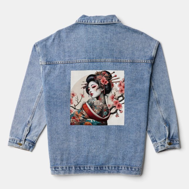Geisha Portrait Denim Jacket | Floral Back Art (Back)