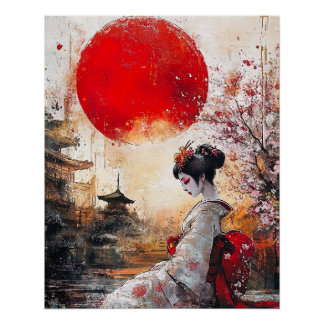 Geisha Poster, Elegant Ukiyo-e Style Geisha Poster