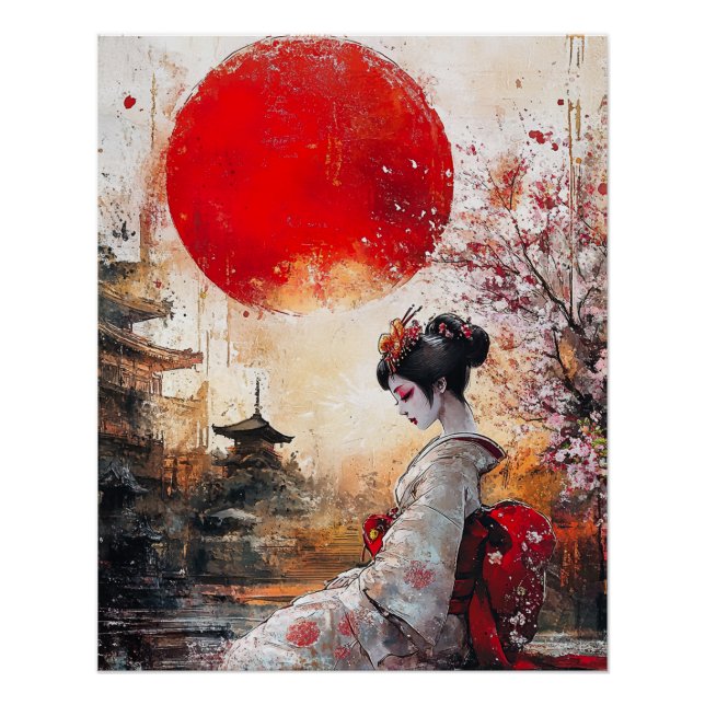 Geisha Poster, Elegant Ukiyo-e Style Geisha Poster (Front)