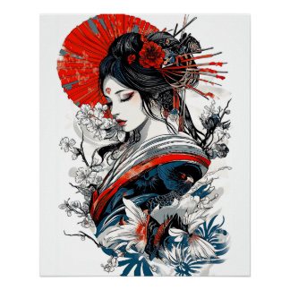Geisha Poster, Vintage Poster with Bold Colors