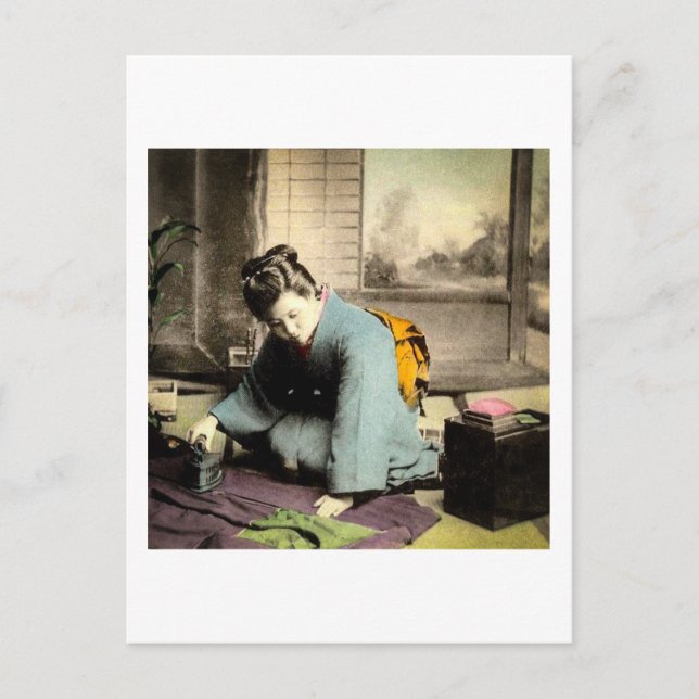 Geisha Preparing Silk Kimono Vintage Old Japan Postcard (Front)