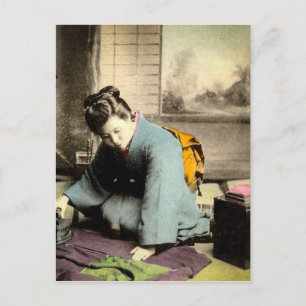 Geisha Preparing Silk Kimono Vintage Old Japan Postcard