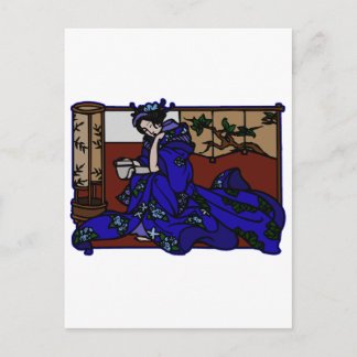 Geisha Reading in Blue Kimono Postcard