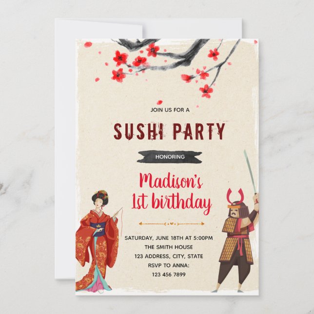 Geisha samurai sushi party invitation (Front)