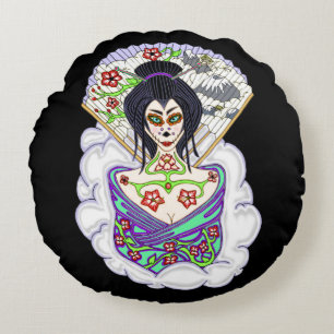 Geisha Sugar Skull Round Cushion