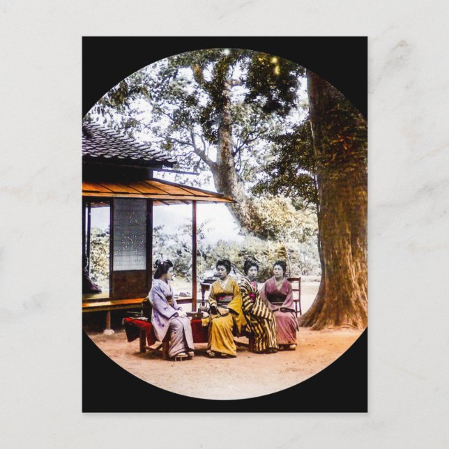 Geisha Visiting Outside an Tea House in Old Japan Postcard (Front)