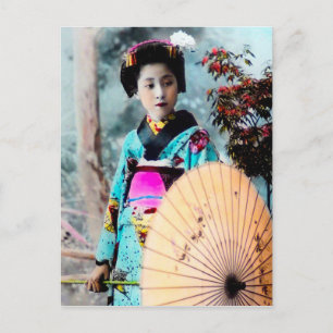 Geisha with a Wagasa Paper Parasol Vintage Japan Postcard