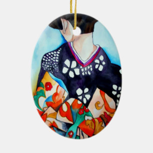 Geisha with dark blue kimono original art ceramic tree decoration