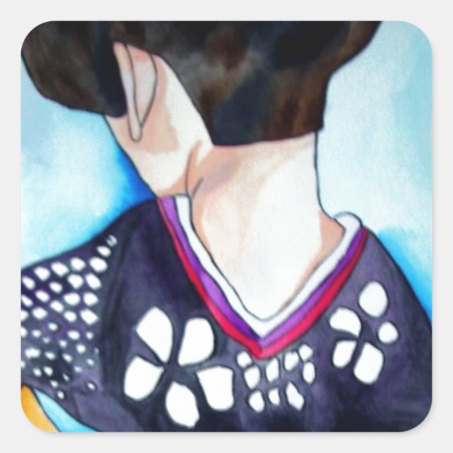 Geisha with dark blue kimono original art painting square sticker (Front)