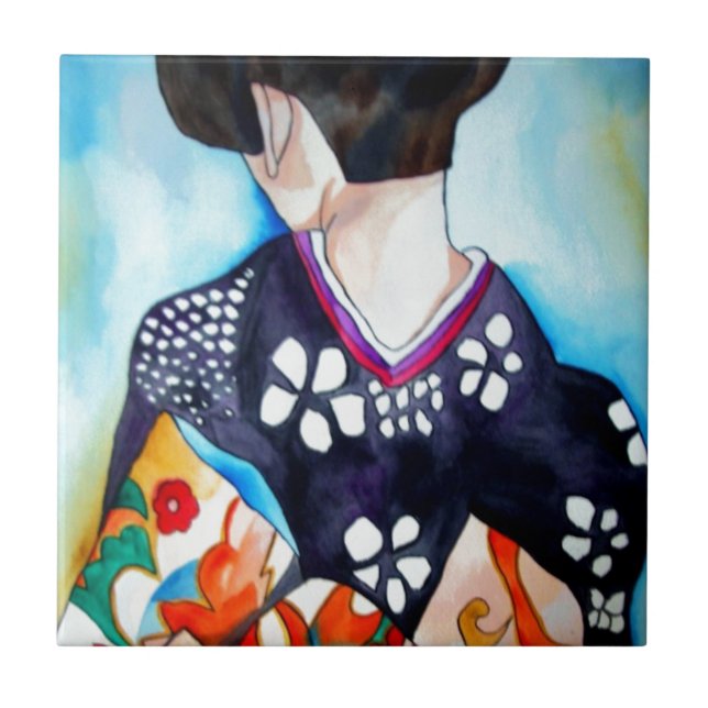 Geisha with dark blue kimono original art painting tile (Front)