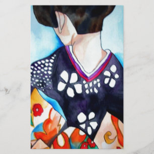Geisha with dark blue kimono original art stationery