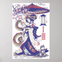 Geisha With Dragon and Cats 37009