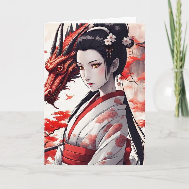 Geisha With Dragon Chinese New Year 2024 Holiday Card (Front)
