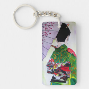 Geisha with green kimono and purple umbrella key ring
