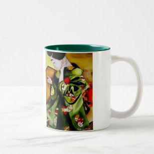 Geisha with olive green kimono original art Two-Tone coffee mug