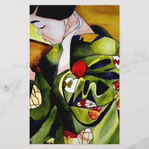 Geisha with olive green kimono stationery