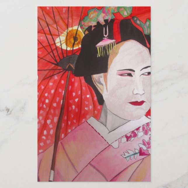 Geisha with Red Umbrella original art painting Stationery (Front)