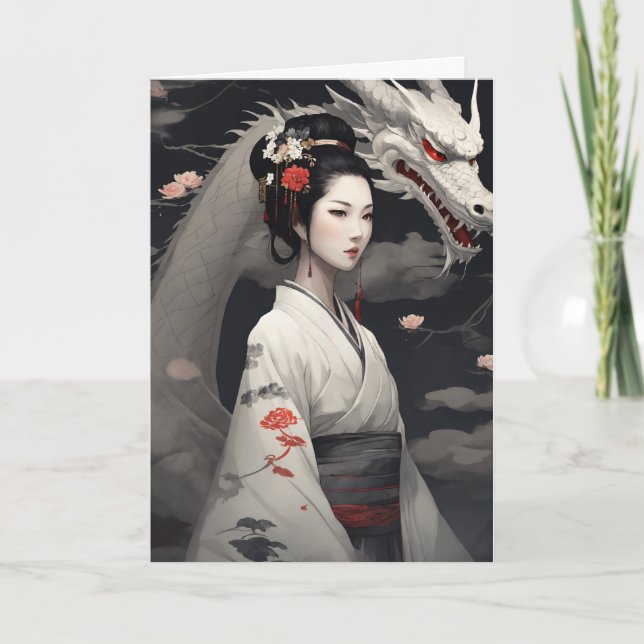 Geisha With White Dragon Chinese New Year 2024 Holiday Card (Front)