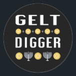 Gelt Digger Hanukkah blue or black Classic Round Sticker<br><div class="desc">Gelt Digger Hanukkah blue or black</div>