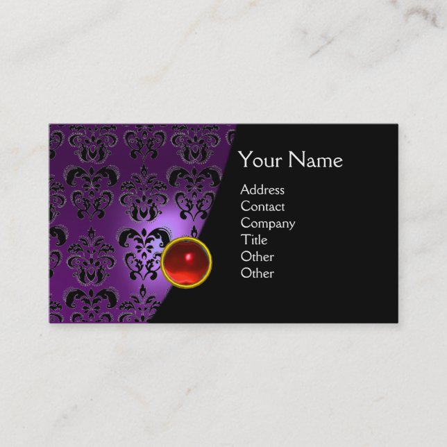 GEM DAMASK MONOGRAM amethyst  purple red Business Card (Front)