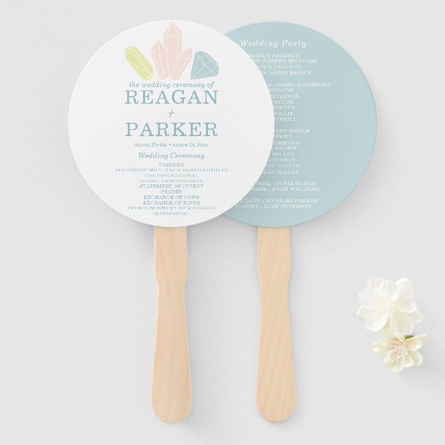 Gem Stones Modern Pastel Blue Wedding Hand Fan (Front and Back)