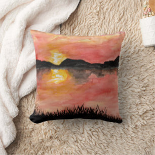 Gemalter Sonnenuntergang Aquarell/Tusche -  Badhan Cushion