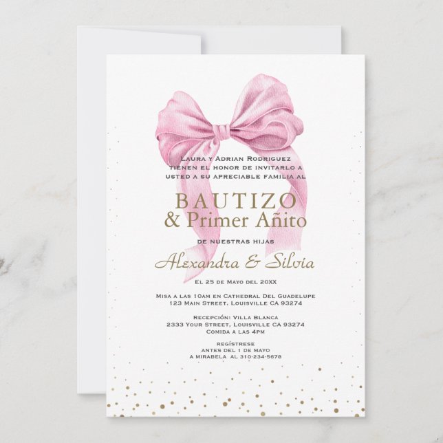 Gemelas Hijas Lazo Rosa Primer Añito Bautizo Invitation (Front)